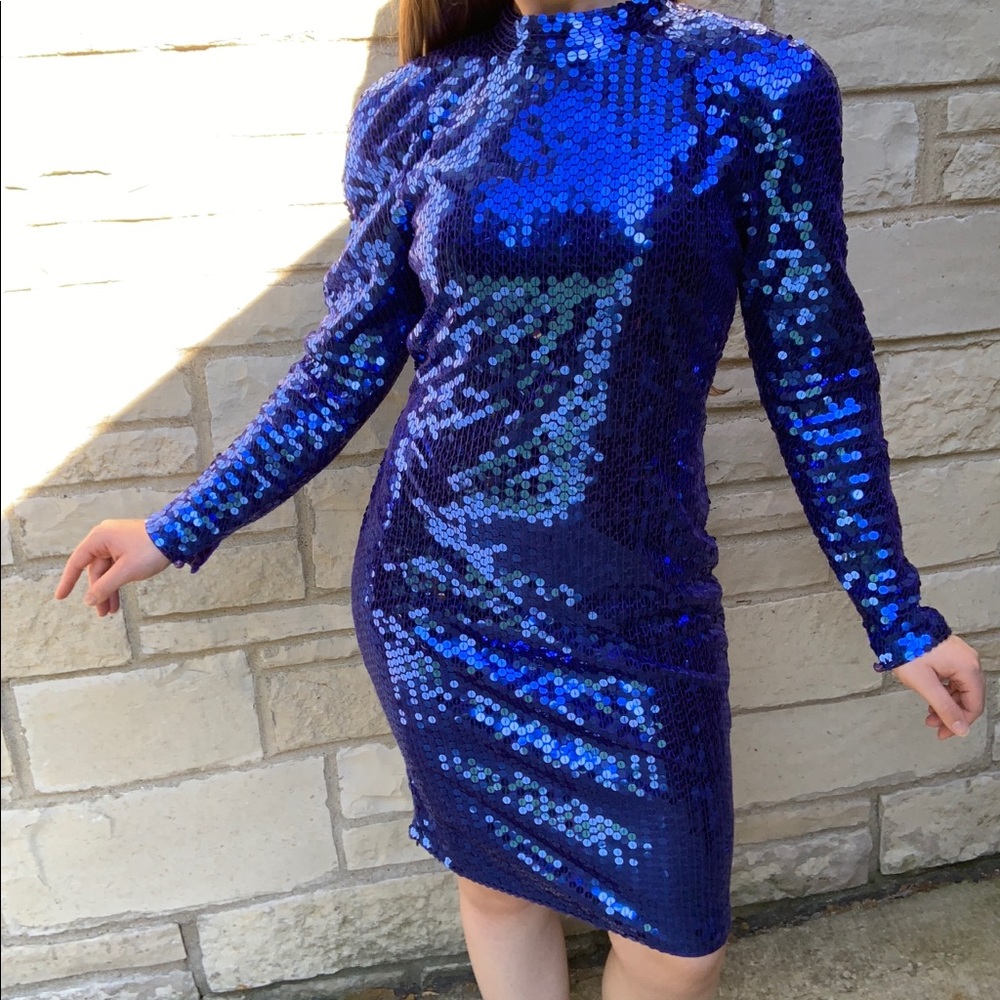 VTG 1980 Long Sleeve Blue Sequin Body Con Dress